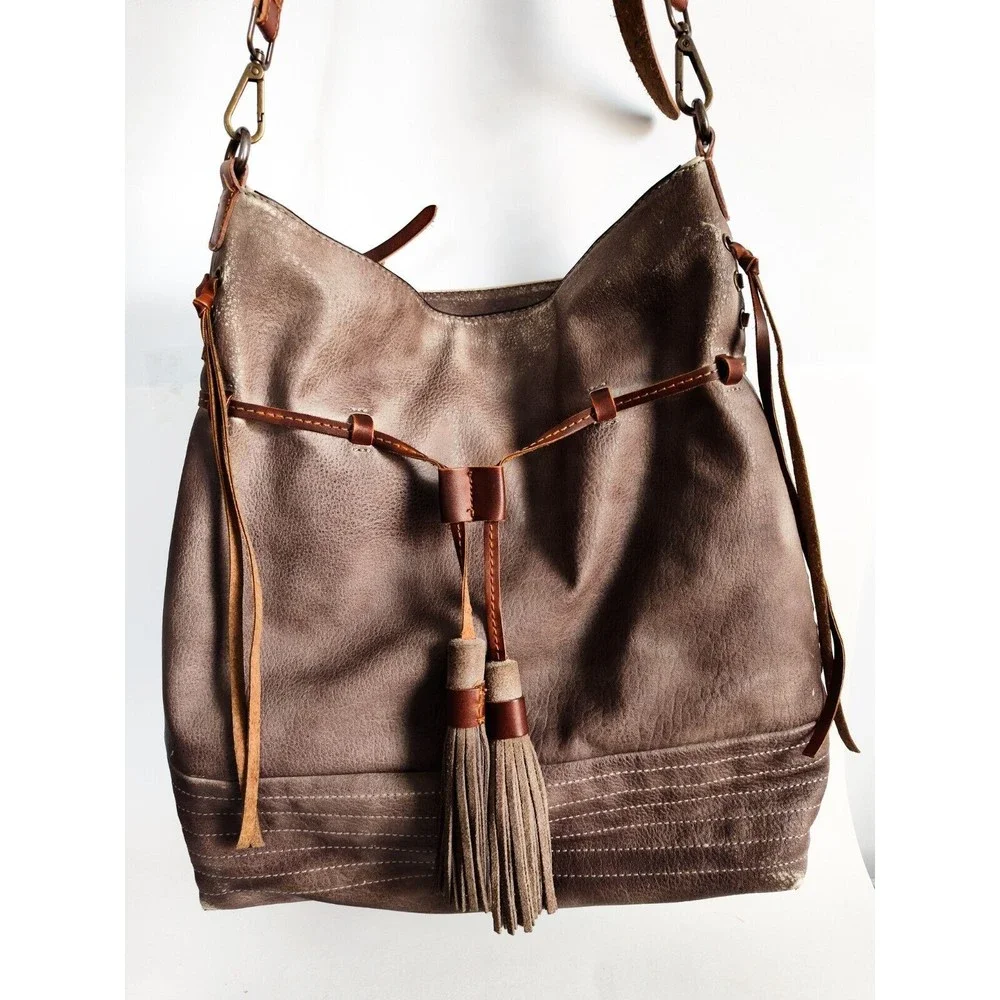 Free People Brown Leather Hobo Shoulder Bag with Tassels
